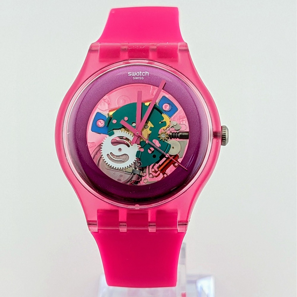 Swatch Pink Lacquered SUOP100 New Gent Skeleton Hot Pink Swiss Watch 41mm